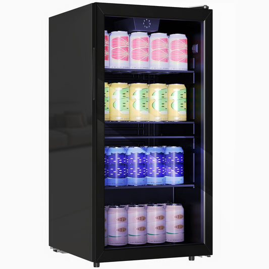 93L Drinks Fridge, 115 Can Freestanding Beer Fridge with Glass Door, Adjustable Shelves, LED Light, for Beer Soda, Black
