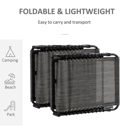 Portable Sun Lounger Set of 2, Folding Camping Bed Cot, Reclining Lounge Chair 5-position Adjustable Backrest with Side Pocket, Pillow - Mixed Grey