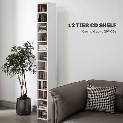 204 CD Storage Unit, DVD Storage Tower with 12 Cubes, 175cm Tall Bookcase for Living Room, Home Office, Study Room, White