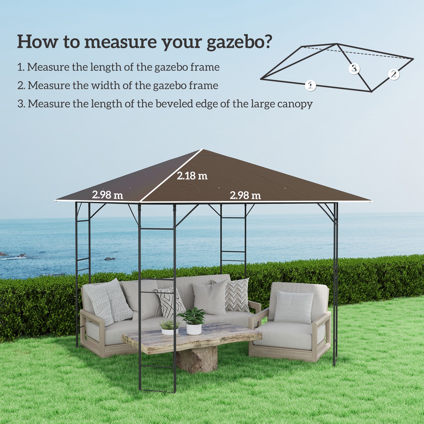 Outsunny 3 x 3(m) Gazebo Canopy Replacement Cover, Garden Gazebo Roof Replacement with Drain Holes, Water-resistant Plastic Coating, 370g/㎡, UPF30+, Brown