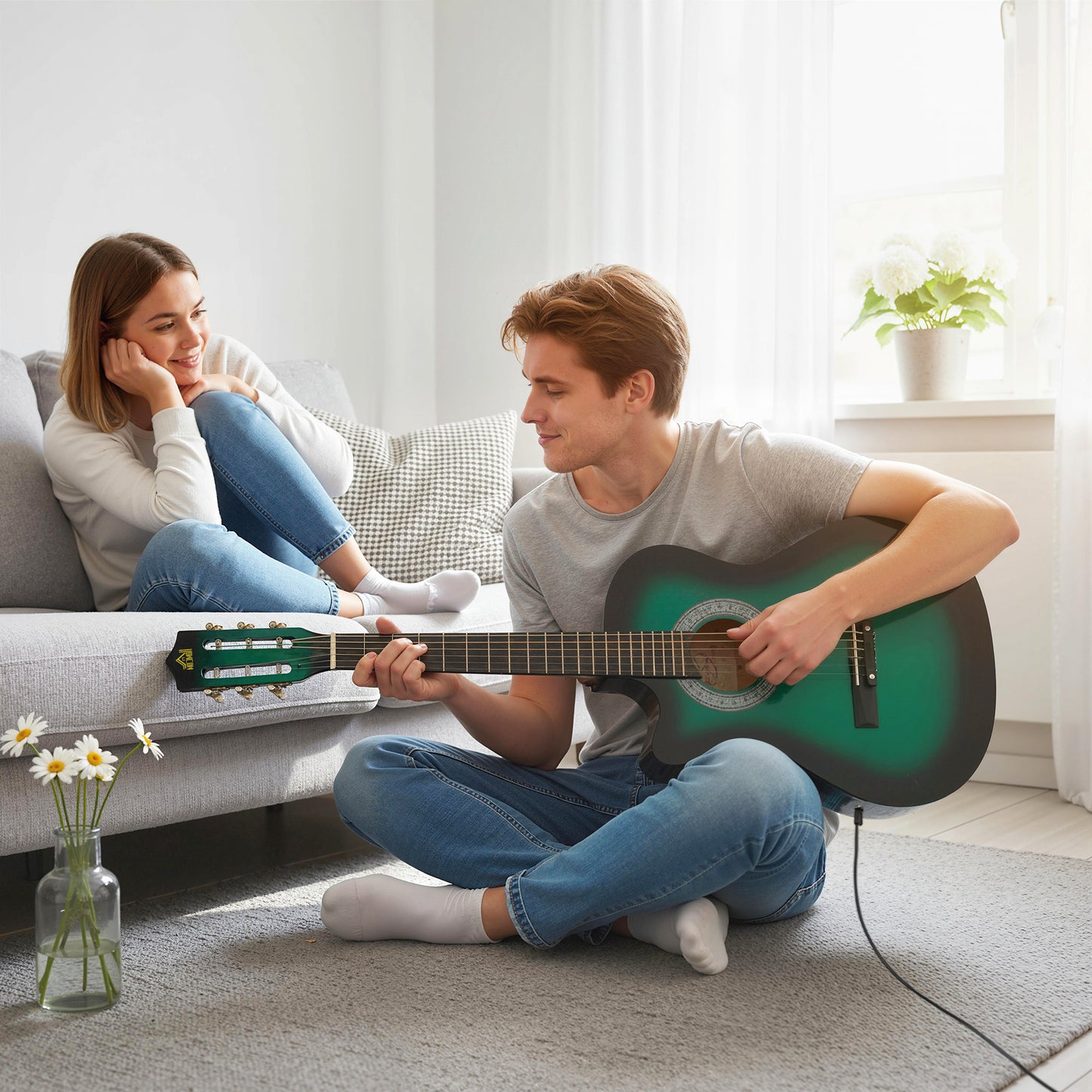 38 Inch Acoustic Electric Guitar, Beginner Junior Adult Guitar Gloss Finish with Carrying Case - Dark Green