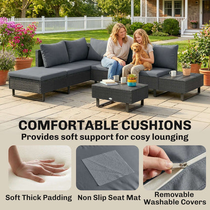5 Seater L-Shaped Rattan Garden Corner Sofa Set | Adjustable Backrest & Chaise Lounge | Loveseat & Coffee Table | Zipped Cushion Covers | Powder-Coated Frame | 360kg Capacity | Dark Grey