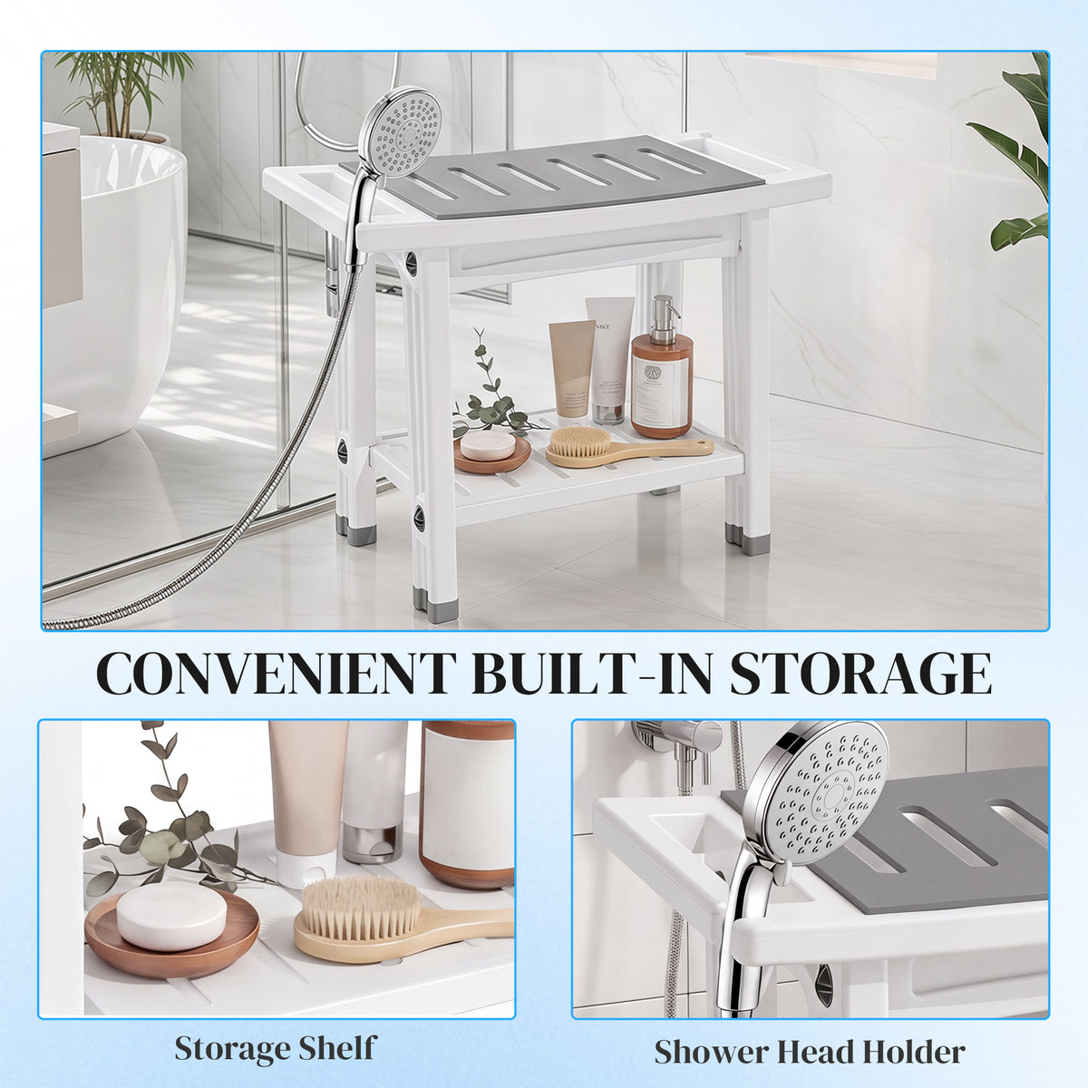2-Tier Shower Bench & Stool | HDPE | EVA Seat Pad | Built-In Shelf & Shower Holder | 120kg | 55.5x31.5x46.5cm | White & Grey