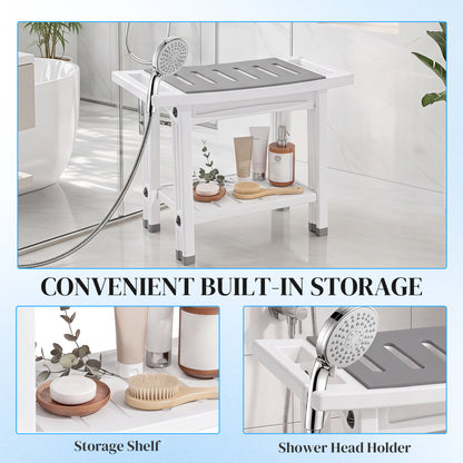 2-Tier Shower Bench & Stool | HDPE | EVA Seat Pad | Built-In Shelf & Shower Holder | 120kg | 55.5x31.5x46.5cm | White & Grey
