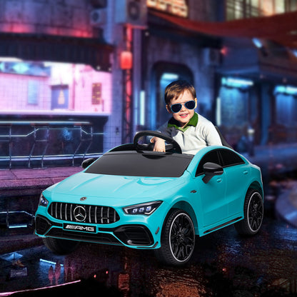 Mercedes-AMG CLA 45 Licensed 12V Kids Electric Car Ride on Car w/ Remote, Suspension Lights Music Horn - Light Blue / White / Yellow
