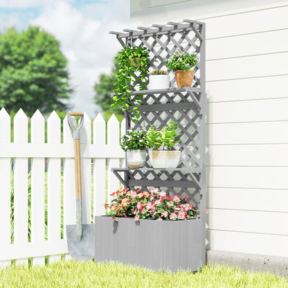 Fir Wood Planter with Tall Trellis Roof & Upper Shelf | 52L | 70x31cm Planting Area | Fabric Liner & Drainage Holes | 50kg | 76x33x177cm | Climbing Plants | Grey