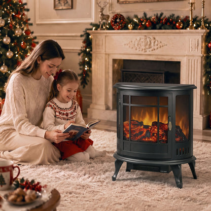 3-Sided Electric Fireplace Stove | Energy Efficiency Rating C | 2000W Freestanding Heater with Independent LED Flame, Adjustable Brightness & 15-30 m² Coverage | Black