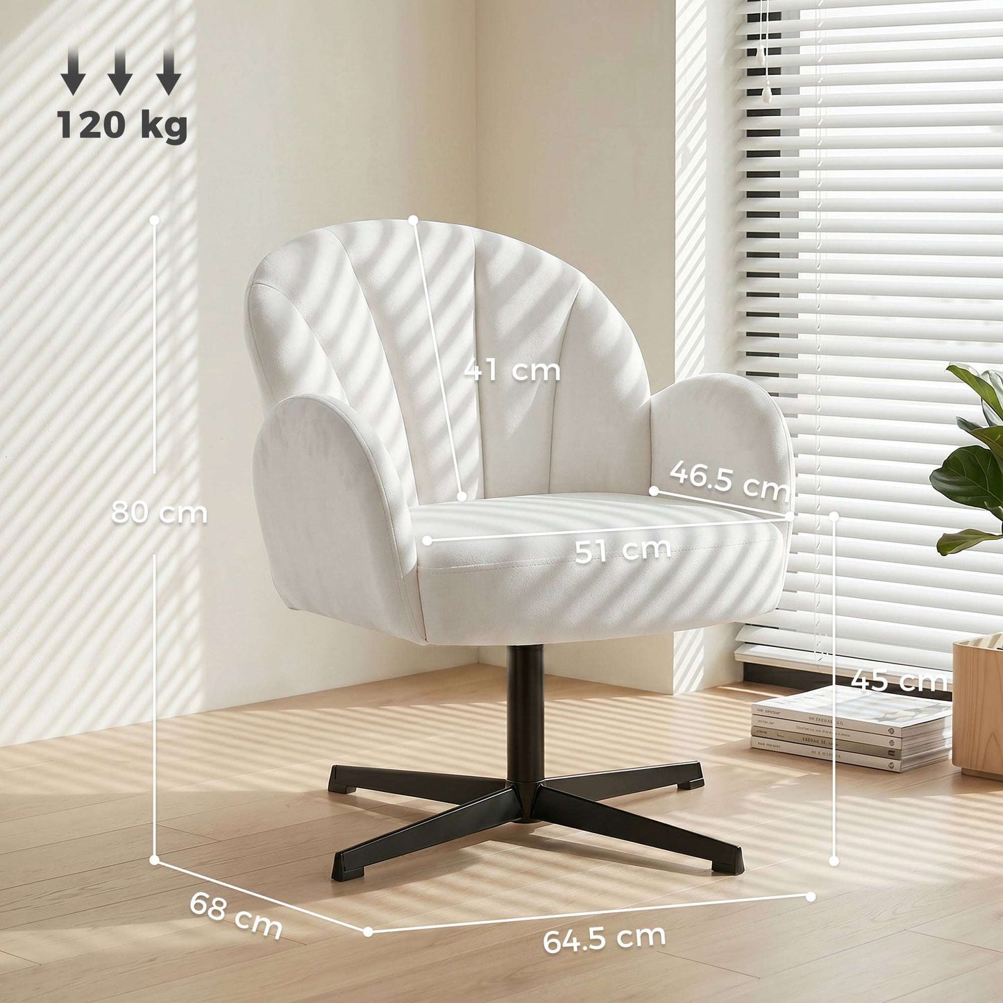 Shell-Shaped Swivel Accent Chair | 360° Swivel | 11cm Spring-Packed Seat | Velvet-Feel Fabric | Metal Base | Plastic Floor Pads | 120kg | 64.5x68x80cm | Cream
