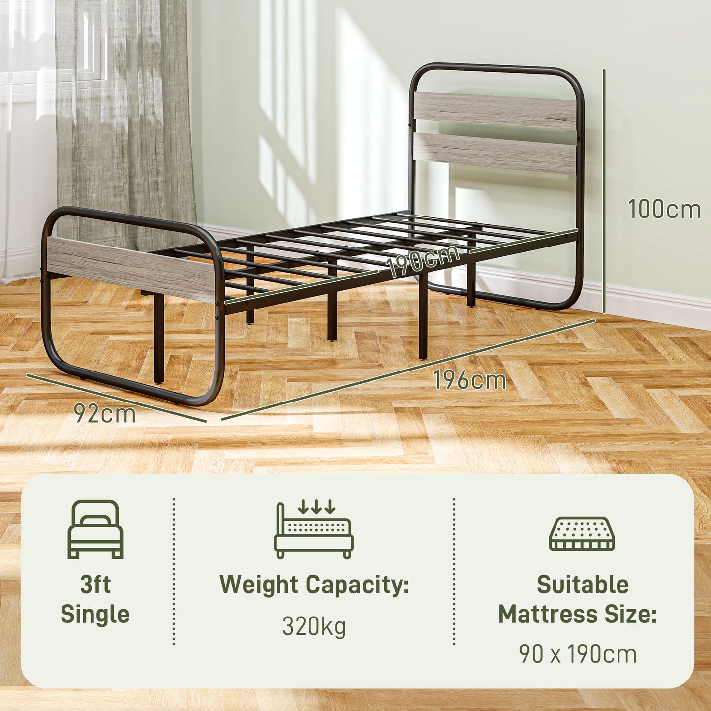 3ft Single Bed Frame, Industrial Style Metal Platform Bed Frame with Under Bed Storage, No Box Spring Needed, Easy Assembly, Grey