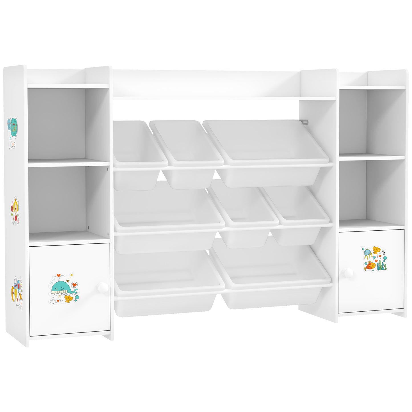 AIYAPLAY Kids Toy Organisers and Storage with 8 Removable Storage Bins and Bookshelf, White