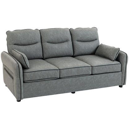 3-Seater Faux Leather Sofa | S-Spring Support | 20cm Seat | Side Pockets | 2 Pillows | Fire-Retardant | 330kg | 190cm | Grey