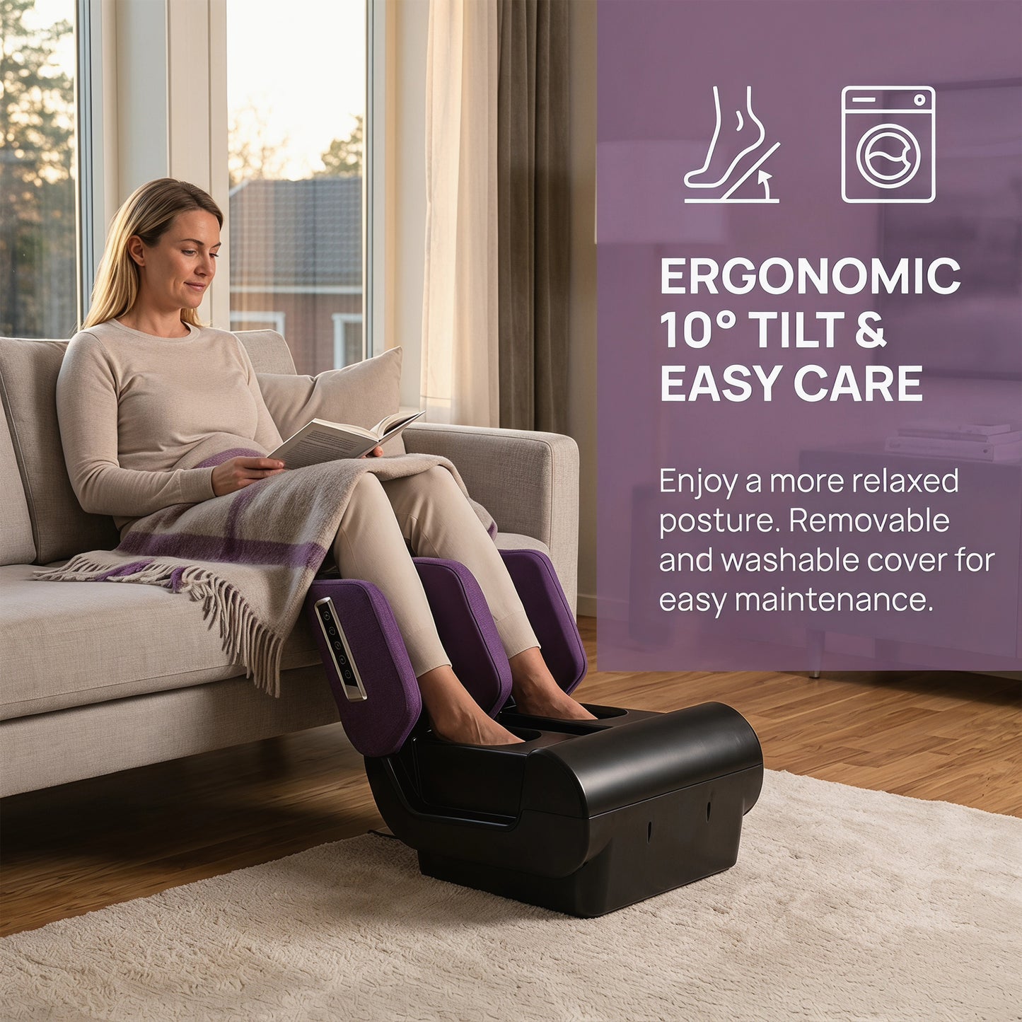 2-in-1 Foot & Calf Massager Ottoman | Heat | 360° Air Compression | 3 Modes & Intensities | Washable Sleeves | Purple & Black