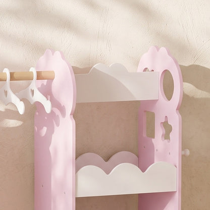 Kids Wardrobe with Full-Length Mirror | Clothes Rail | Open Shelves & Bottom Storage | P2 MDF | Acrylic Mirror | Pink Cloud-Print Design | 81x34x110cm | 10kg Shelf & 5kg Rail | Ages 3–12 | Pink