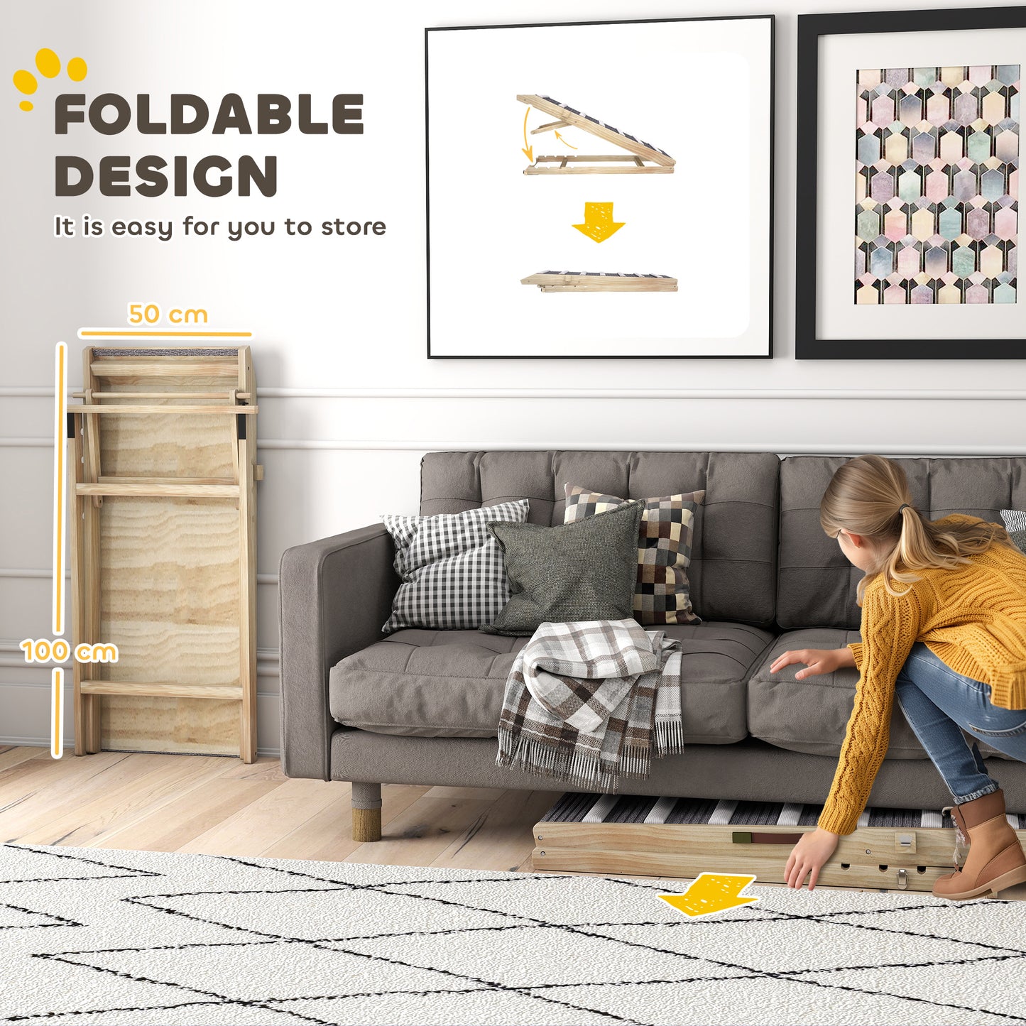 PawHut Dog Ramp for Couch, Adjustable Folding Pet Ramp, 4 Adjustable Height Dog Climbing Ladder, 35/43/47/50 cm Height