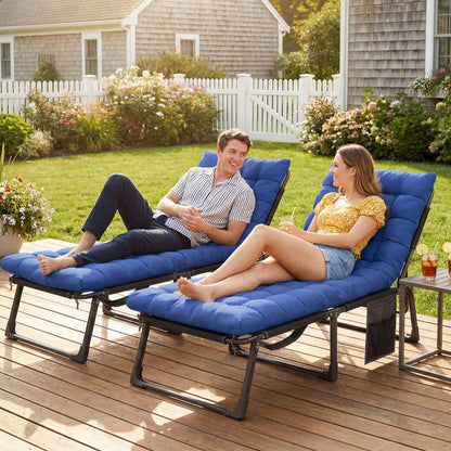 Set of 2 Folding Sun Loungers | 5-Position Recliner | Breathable Mesh Seat | Cushion & Headrest | Side Pocket | 190x68cm | 120kg | Blue