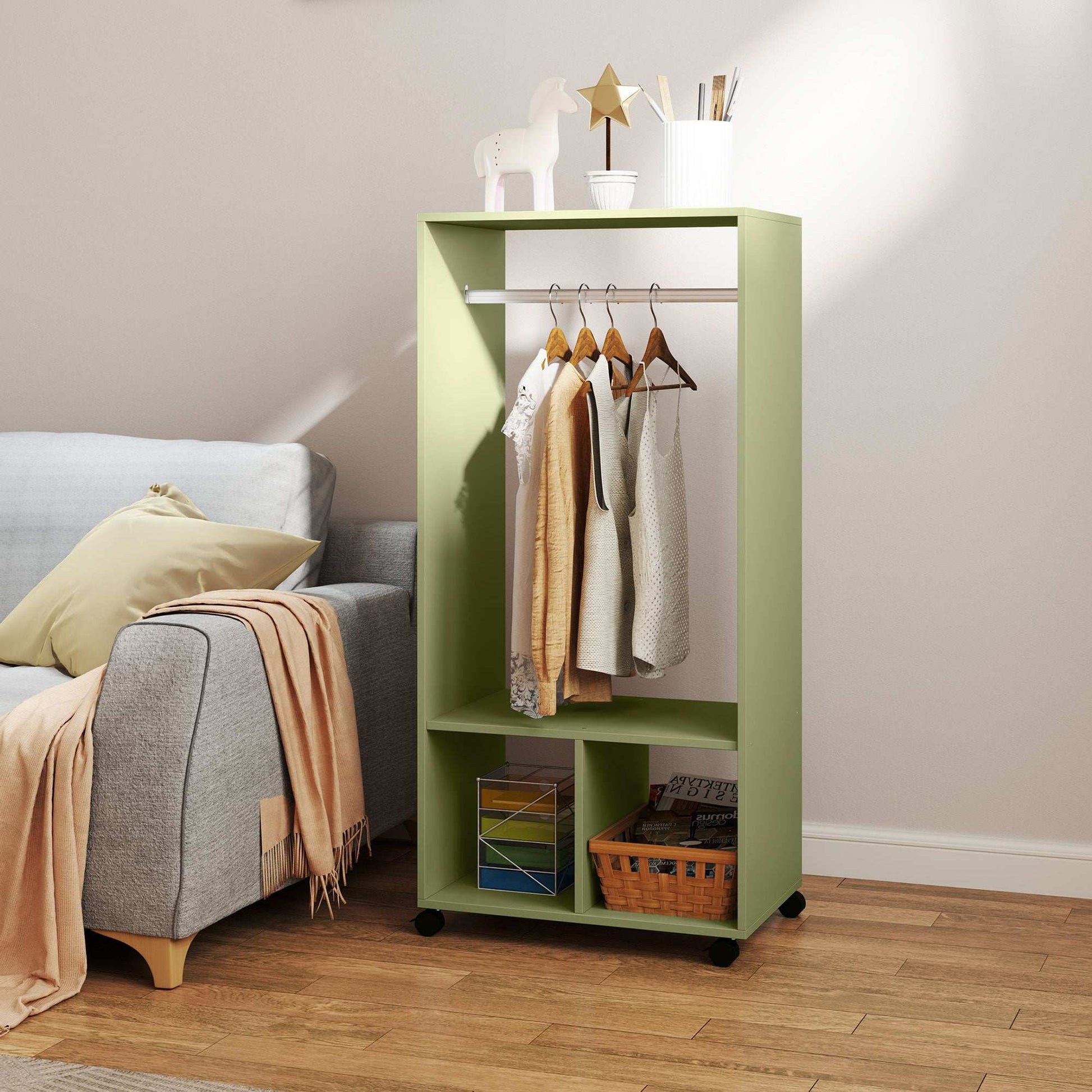 Open Wardrobe for Bedroom, Small Wardrobe on Wheels with Clothes Rail, Storage Shelves, Mobile Garment Rack for Clothes Storage- Green