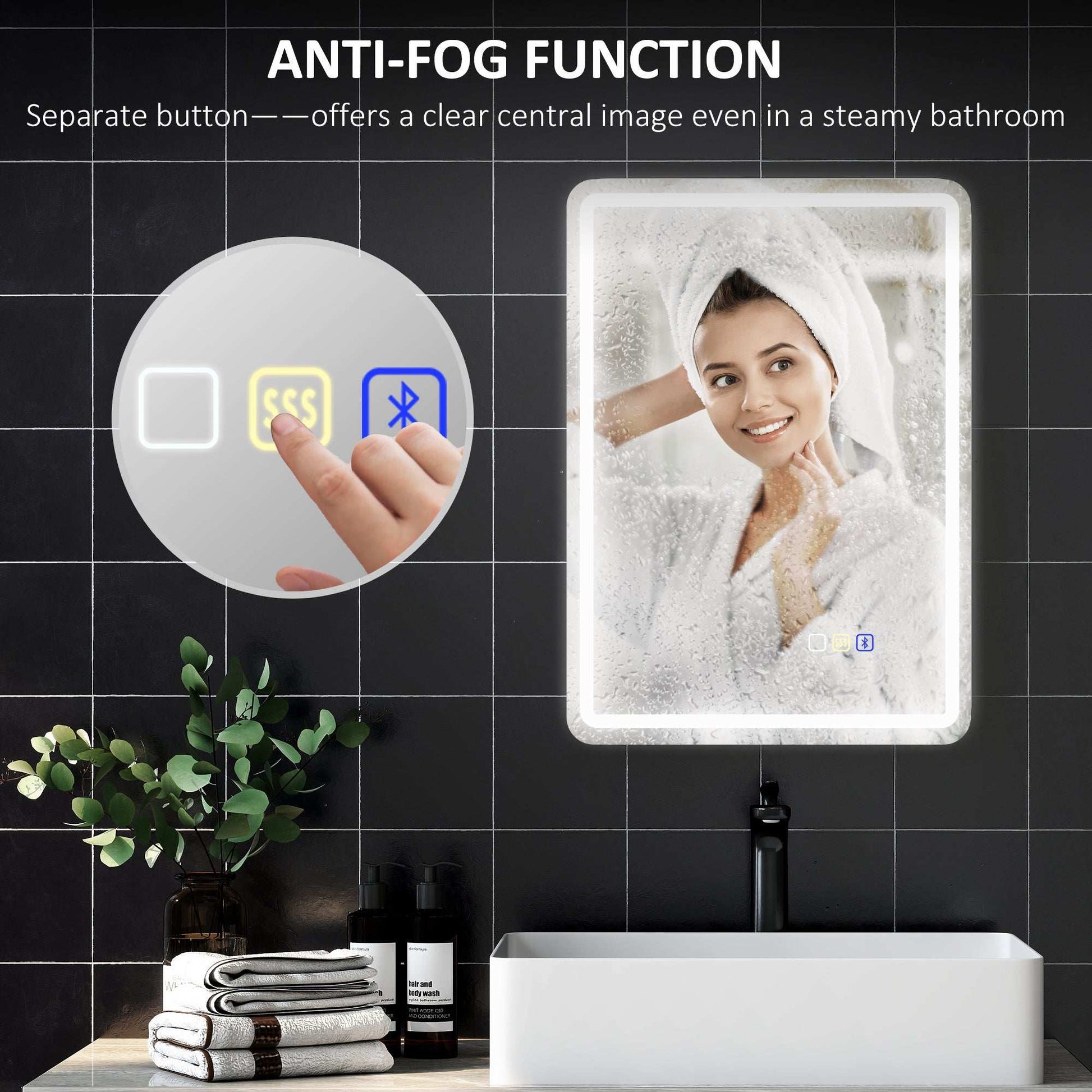 60 x 80 cm Bluetooth LED Bathroom Mirror with Clock Anti-Fog - Silver Tone