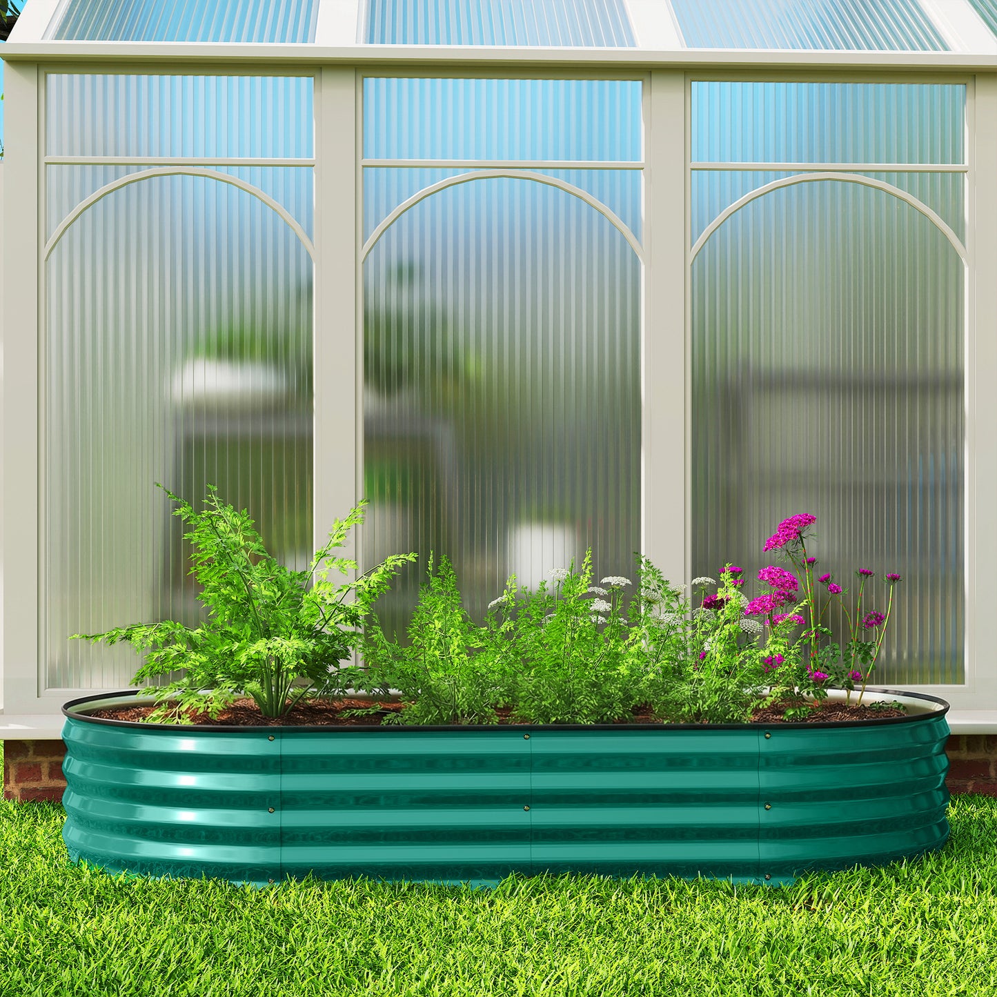 Flexible Galvanised Steel Raised Garden Bed | Safety Rubber Edging | Open Bottom | Configurable Round Oval or Oblong | 180x90x30cm | For Flowers Herbs & Succulents | Light Green