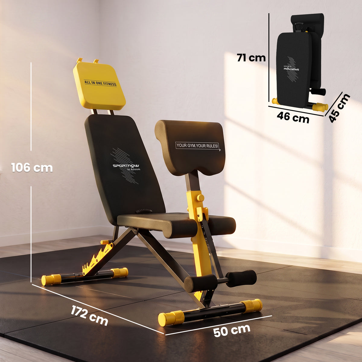 Adjustable Weight Bench | 300kg Capacity | 7 Backrest Positions | Preacher Curl | Leg Extension | Foldable | Home Gym | Yellow