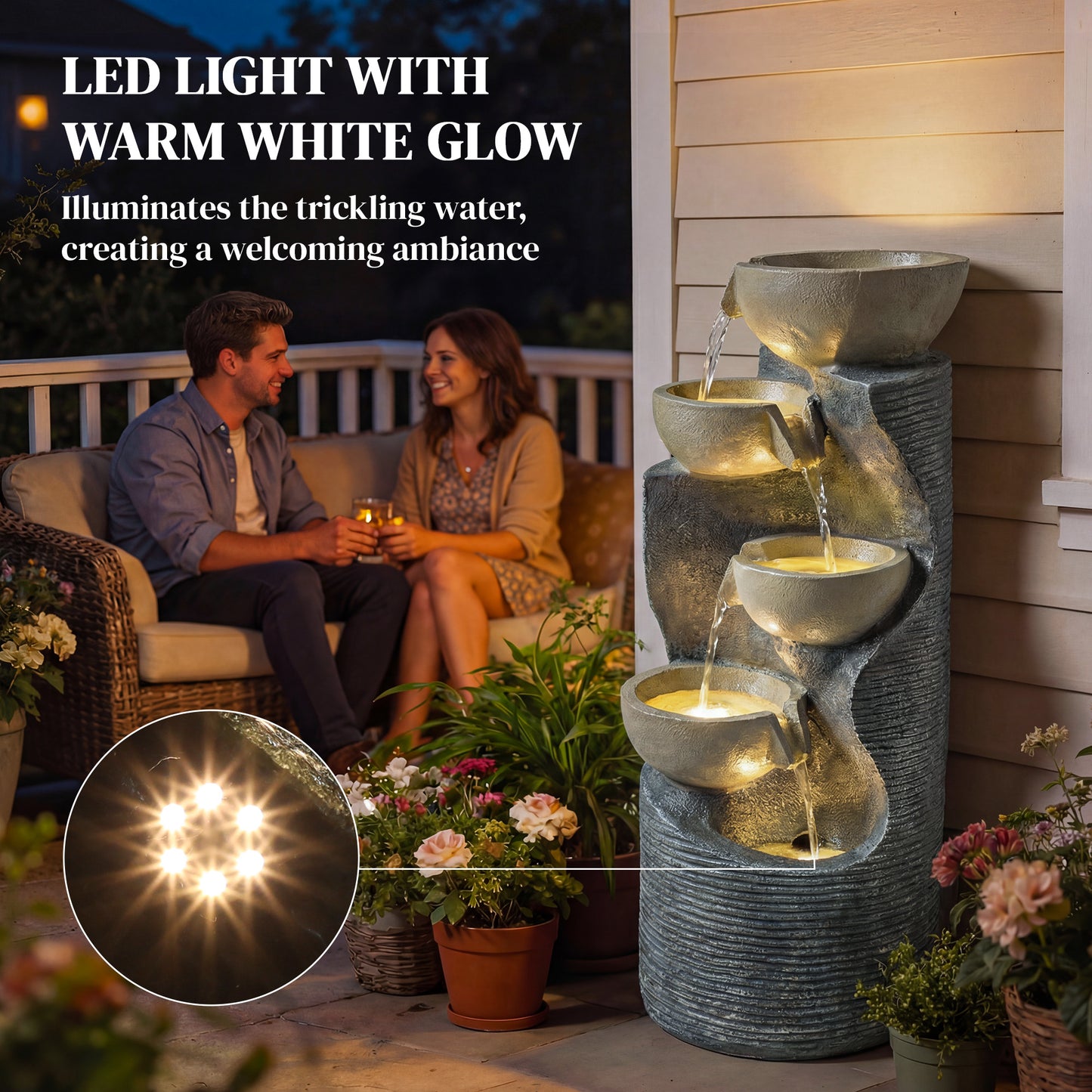 5-Tier Artisan Stone-Finish Resin Waterfall Fountain | LED Lights | Adjustable Flow | 22-25L | UK Plug | 230V | 3m Cable | 33x31x80cm | Indoor & Outdoor | Garden & Patio | Mixed Colour