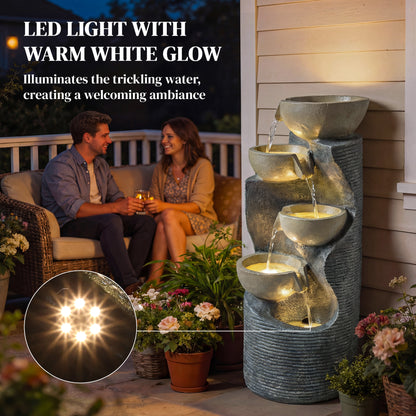 5-Tier Artisan Stone-Finish Resin Waterfall Fountain | LED Lights | Adjustable Flow | 22-25L | UK Plug | 230V | 3m Cable | 33x31x80cm | Indoor & Outdoor | Garden & Patio | Mixed Colour