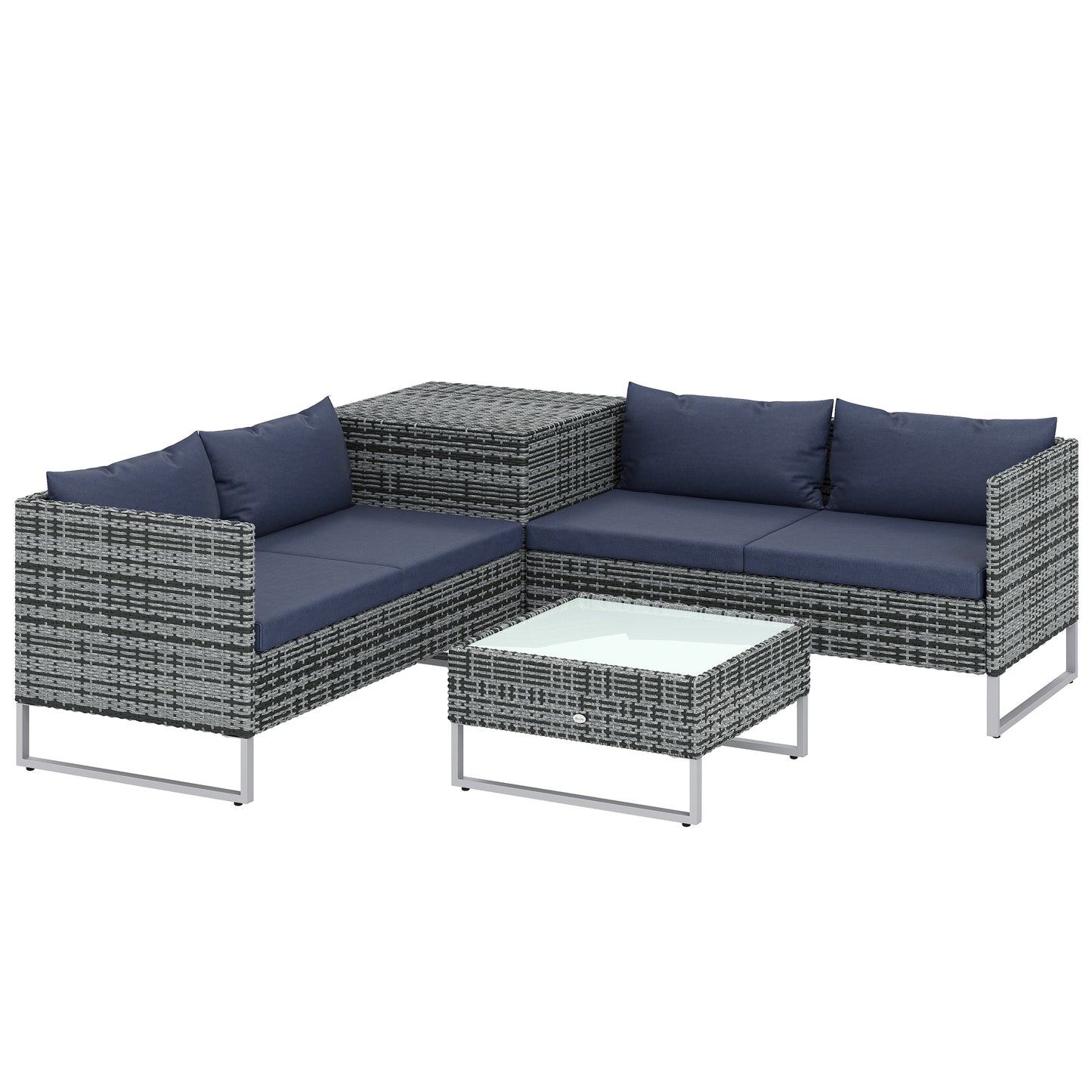 4 Piece L-Shaped Rattan Corner Garden Sofa Set | 2 Loveseats | Storage Trunk | Coffee Table | Tempered Glass | Padded Cushions | Washable Covers | PE Wicker | Dark Blue