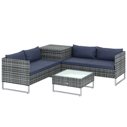 4 Piece L-Shaped Rattan Corner Garden Sofa Set | 2 Loveseats | Storage Trunk | Coffee Table | Tempered Glass | Padded Cushions | Washable Covers | PE Wicker | Dark Blue