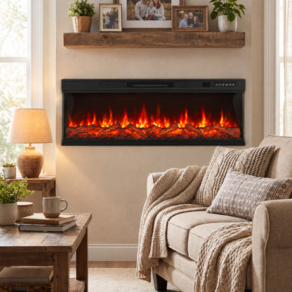127cm Electric Fireplace Insert | 3-Sided Panoramic Log Effect | 900/1800W, 12 Colours, Remote & Timer | Black