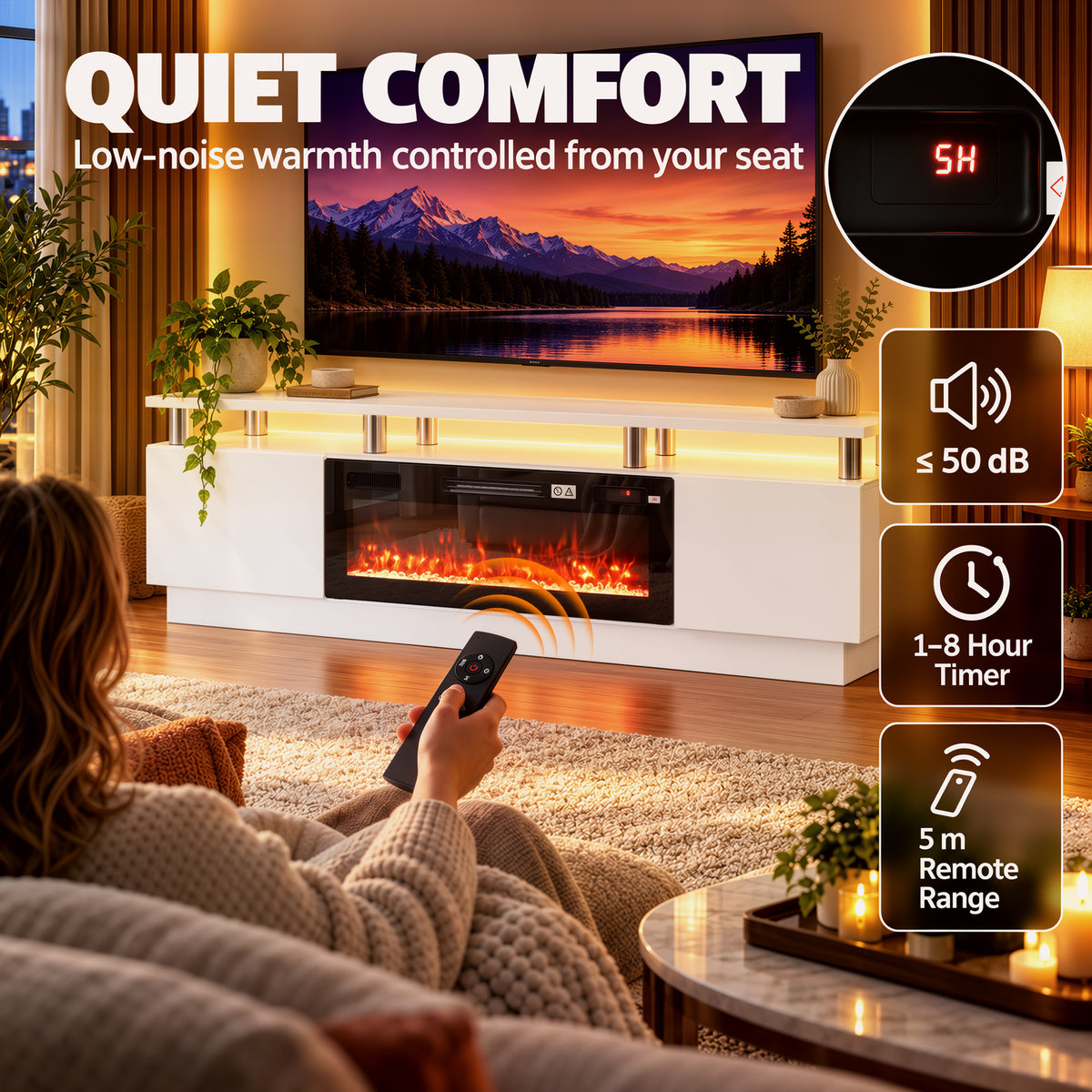 178cm Electric Fireplace TV Stand | Floating-Effect Top, LED Shelf & 2 Cabinets | 900/1800W, 12 Flame Colours, Remote & Timer | White