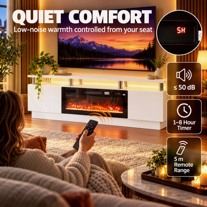 178cm Electric Fireplace TV Stand | Floating-Effect Top, LED Shelf & 2 Cabinets | 900/1800W, 12 Flame Colours, Remote & Timer | White