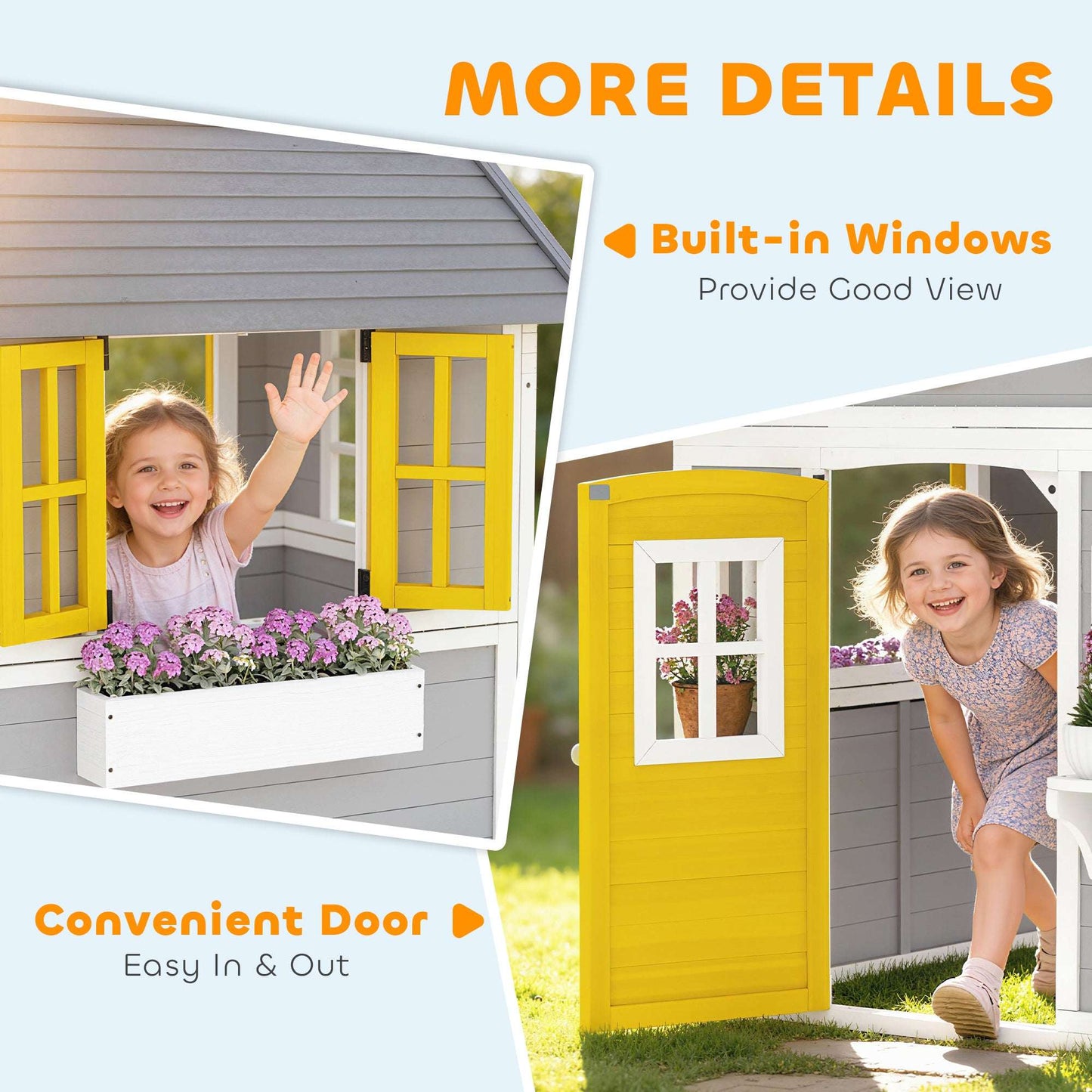 Solid Fir Wood Kids Outdoor Playhouse | Openable Windows | Planter Boxes & Plant Pots | Sloped Roof | EN71 Certified | Ages 3-8 | 135x114x126cm | Grey Yellow & White