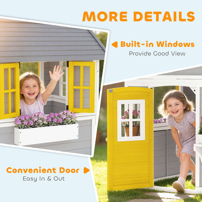 Solid Fir Wood Kids Outdoor Playhouse | Openable Windows | Planter Boxes & Plant Pots | Sloped Roof | EN71 Certified | Ages 3-8 | 135x114x126cm | Grey Yellow & White
