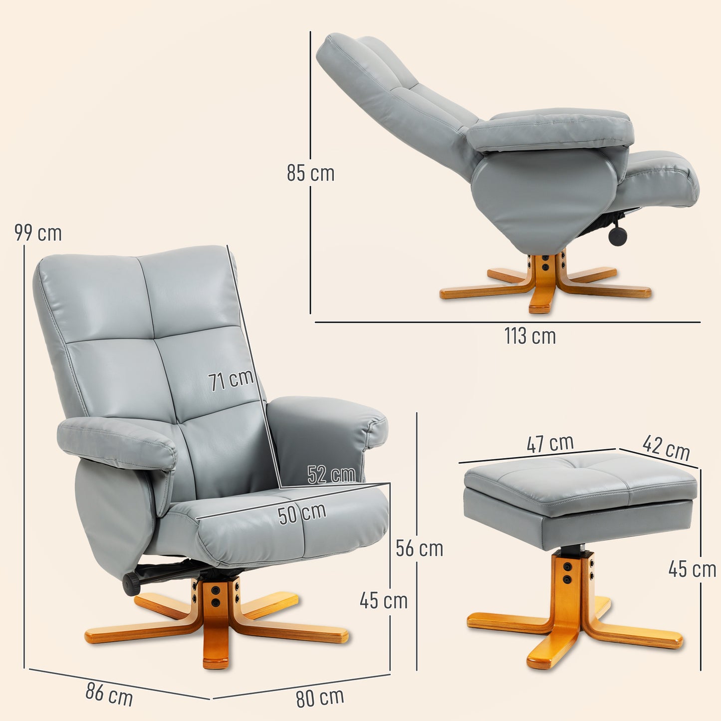 PU Leather Swivel Recliner Chair with Footstool, Wooden Base and Storage for Living Room, Light Grey