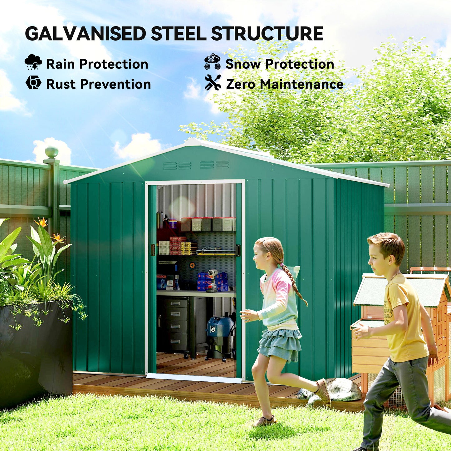 Large Galvanised Steel Garden Storage Shed | Double Sliding Door | 4 Ventilation Slots | Sloped Roof | 20kg/m² Snow Load | 236x171x191cm | Bikes Scooters Tools & Bins | Green
