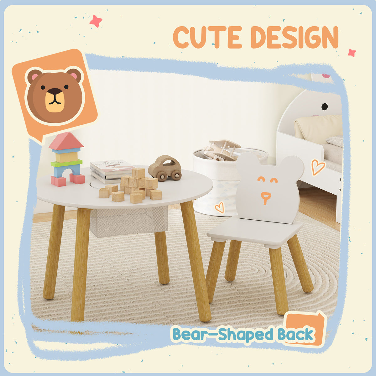 Kids Activity Table & 2 Chair Set | 3-Piece | Bear Backrest | Centre Mesh Storage | Arts & Crafts | Ages 3-6 | White