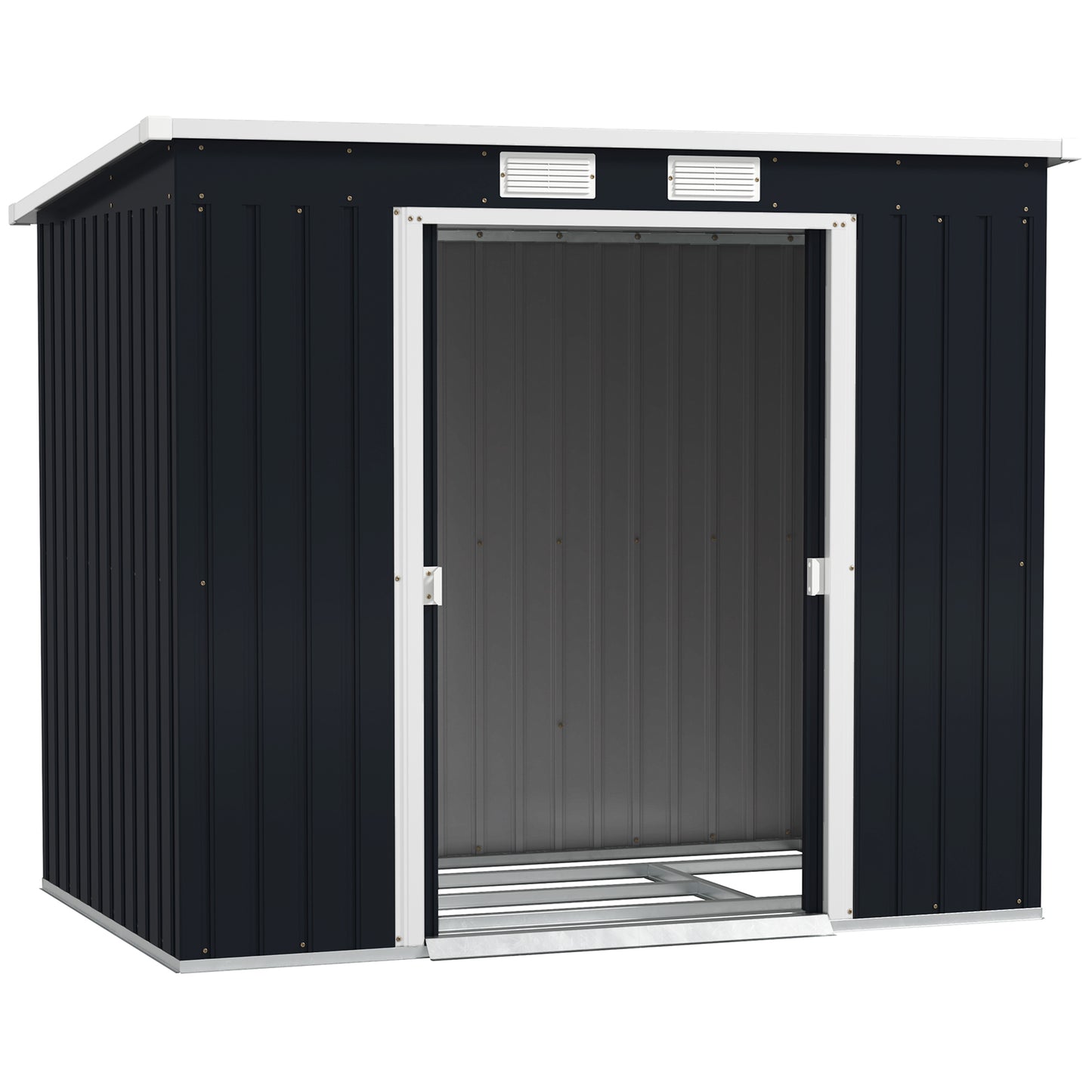 Outdoor Lean to Garden Metal Equipment Tool Storage Shed w/ Foundation Kit, Double Door, Vents and Sloped Roof, Dark Grey
