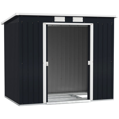 Outdoor Lean to Garden Metal Equipment Tool Storage Shed w/ Foundation Kit, Double Door, Vents and Sloped Roof, Dark Grey