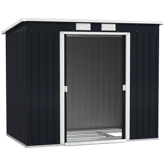 Outdoor Lean to Garden Metal Equipment Tool Storage Shed w/ Foundation Kit, Double Door, Vents and Sloped Roof, Dark Grey