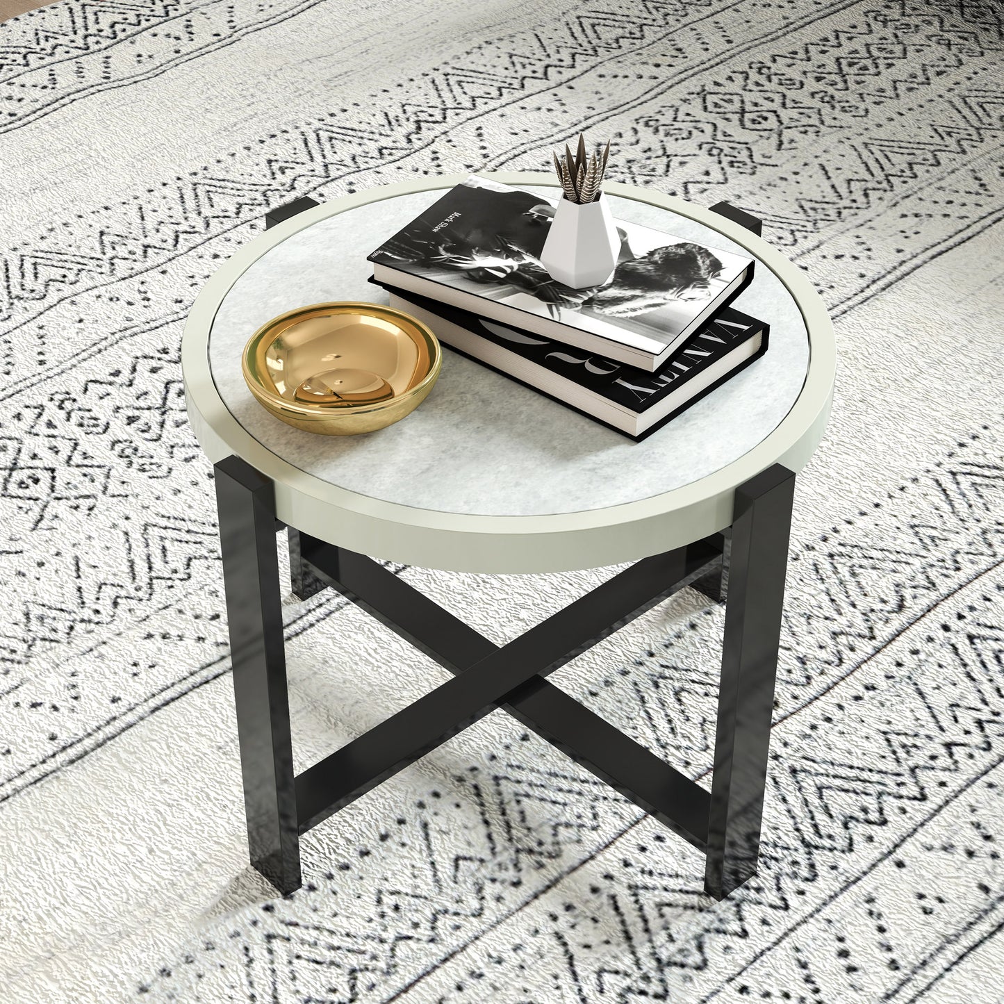 Round Small Garden Table, 60cm Outdoor Side Table with Faux Marble Tempered Glass Top, Aluminium Frame for Patio, Balcony, Light Grey