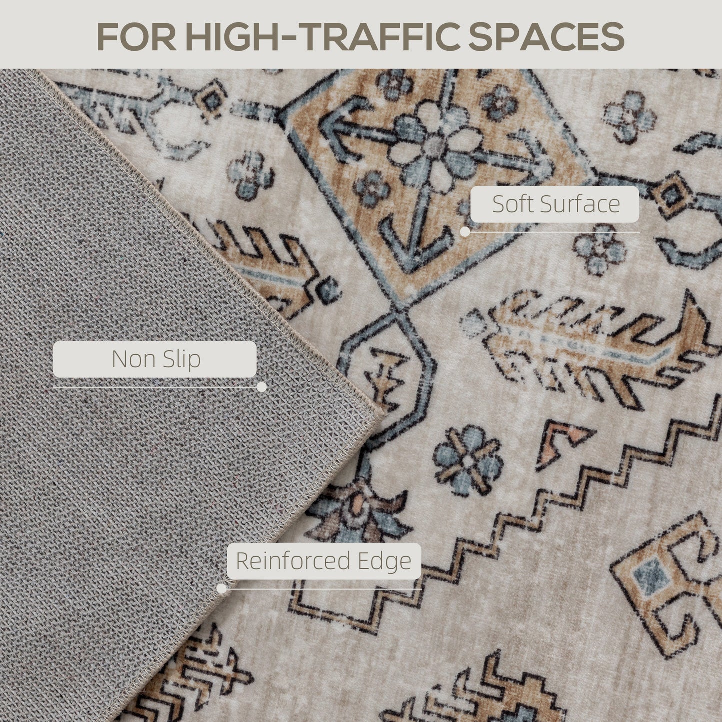 Vintage Retro Style Area Rug, Non-Slip Washable Rug, Flannel Floor Carpet for Living Room, Bedroom, Dining Room, Home Office, 230 x 160 cm, Beige