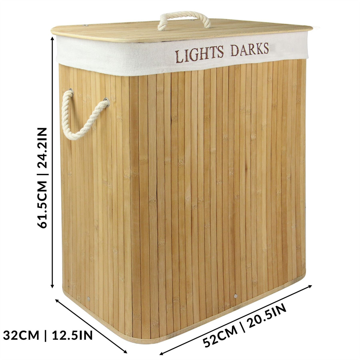 Maison & White Collapsible Bamboo Laundry Hamper | 102L | 2-Section Light & Dark Lining | Removable Bag | 61.5x32x52cm | 60% Polyester 40% Cotton | Assembly Required | 2-Year Warranty