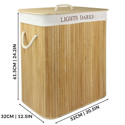 Maison & White Collapsible Bamboo Laundry Hamper | 102L | 2-Section Light & Dark Lining | Removable Bag | 61.5x32x52cm | 60% Polyester 40% Cotton | Assembly Required | 2-Year Warranty