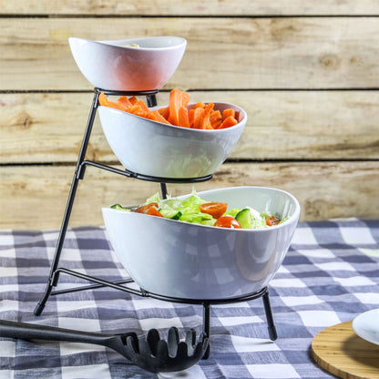 Maison & White 3-Tier Serving Bowl Set | 3 White Ceramic Snack Bowls & Black Iron Stand | Graduated Buffet, Party & Sharing Display | 27cm Stand