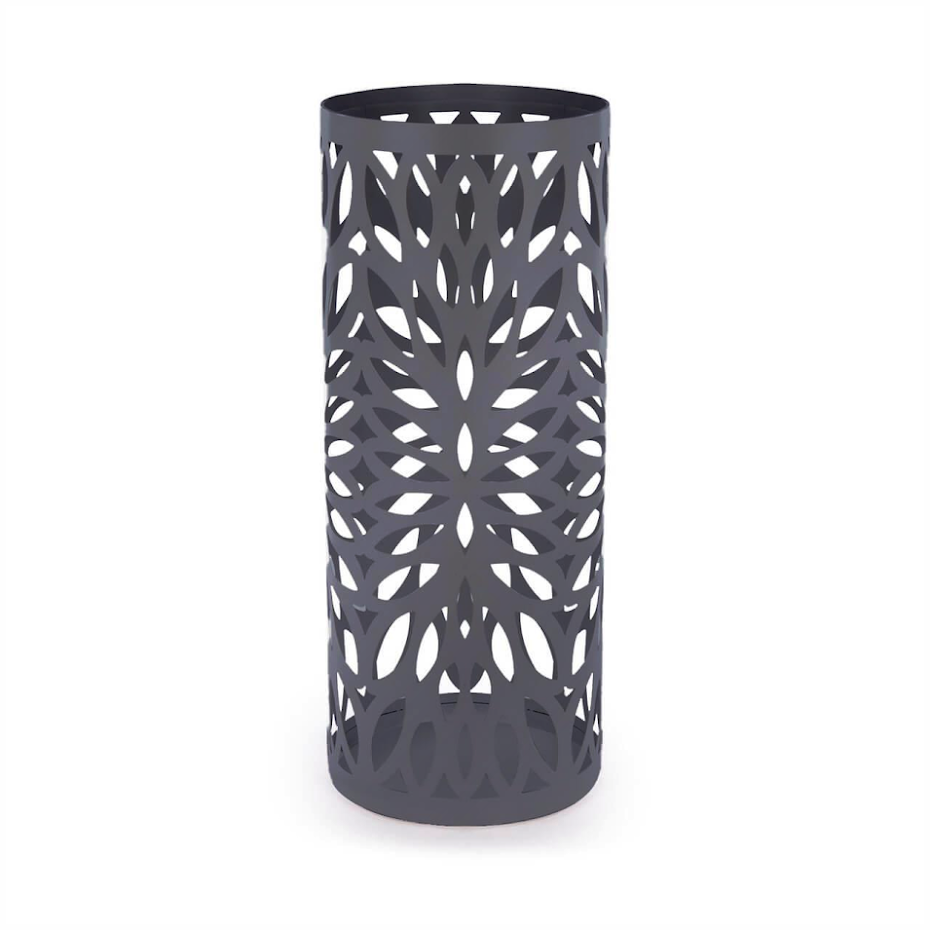 Round Metal Umbrella Stand | Laser Cut Design | Removable Drip Tray | 4 Side Hooks | Powder-Coated Iron | Rust Resistant | 49.2x21cm | 2-Year Warranty | Grey