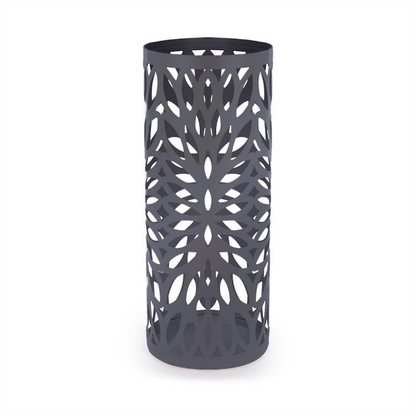 Round Metal Umbrella Stand | Laser Cut Design | Removable Drip Tray | 4 Side Hooks | Powder-Coated Iron | Rust Resistant | 49.2x21cm | 2-Year Warranty | Grey