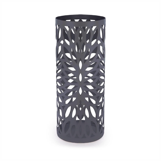 Round Metal Umbrella Stand | Laser Cut Design | Removable Drip Tray | 4 Side Hooks | Powder-Coated Iron | Rust Resistant | 49.2x21cm | 2-Year Warranty | Grey