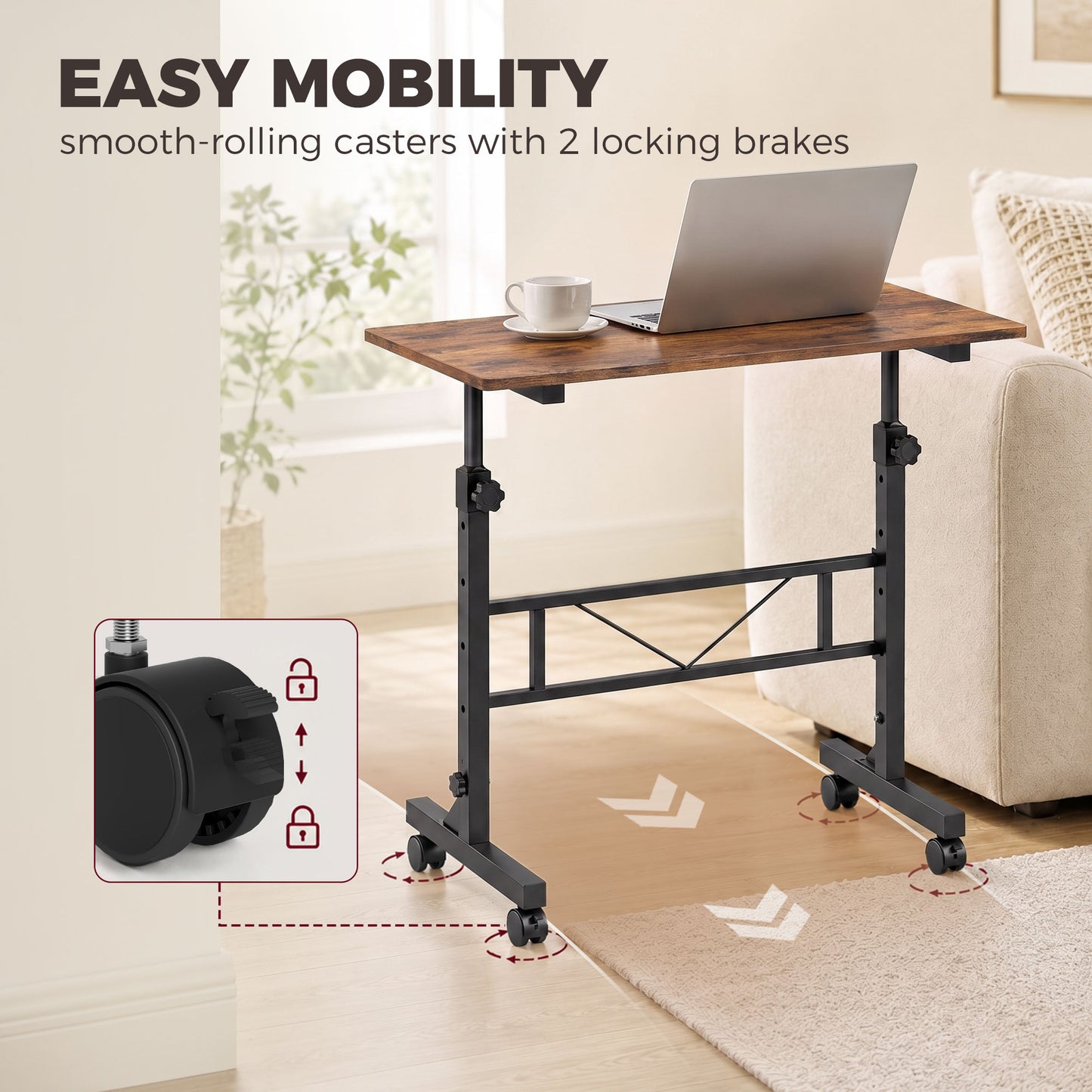 Overbed Table | 6 Height Settings 70-110cm | 4 Caster Wheels with 2 Brakes | Anti-Tip Device | 80x40cm Top | 15kg | Particleboard & Steel | Rustic Brown & Black