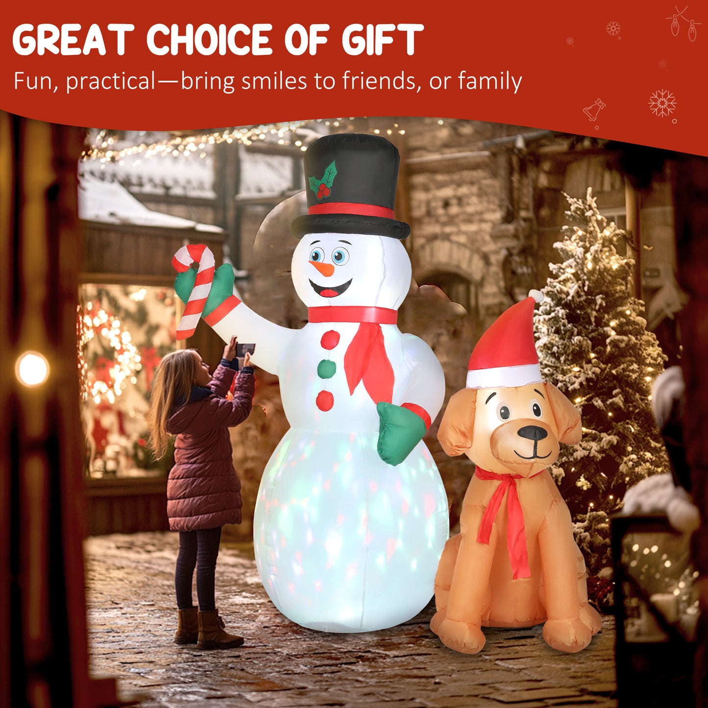 Outsunny 6FT Christmas Inflatables Snowman & Dog with Built-in LED Lights and Flashing Light, Blow Up Christmas Inflatable Decoration for Indoor Outdoor Decor, Garden