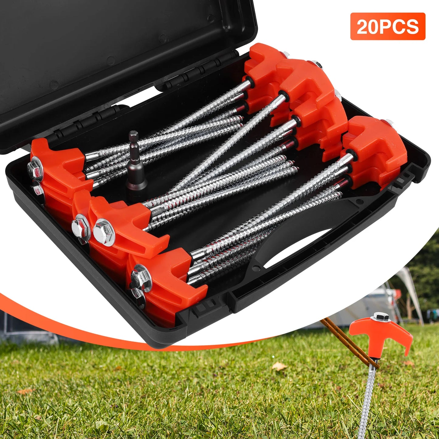 20 Pack 7Inch Pegs Screw in Drill Top & Hex Head Driver and Storage Box Heavy Duty Ground Pegs Awning Pegs for Camping Grassland