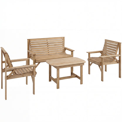 4-Piece Wooden Garden Furniture Set | Loveseat | 2 Armchairs | Coffee Table | Fir Wood | Water-Resistant | Curved Ergonomic Seats | Natural Wood